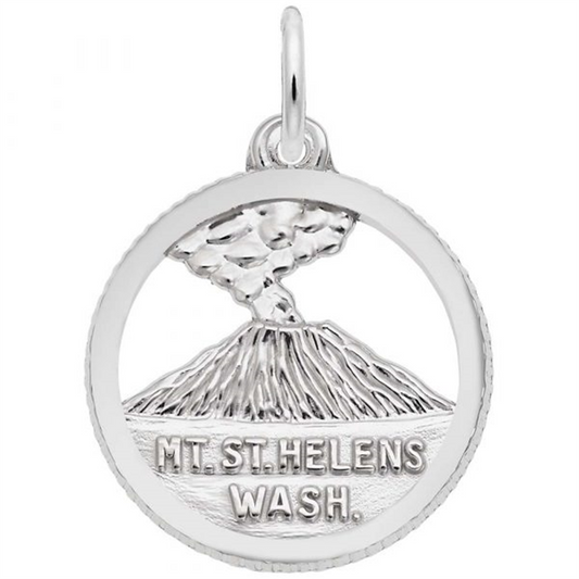 The Rembrandt Charms mt. st helens sterling silver charm features an engraved image of the volcano erupting with smoke, complete with "MT. ST. HELENS WASH." below, making it a perfect keepsake for collectors and enthusiasts.