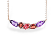 The Amethyst, Garnet, Pink Tourmaline 14K Rose Gold Necklace by Allison Kaufman showcases a stunning arrangement of gemstones, including two marquise-cut amethysts, two pear-cut garnets, and an oval-cut pink tourmaline at the center, all complemented by sparkling diamond accents.