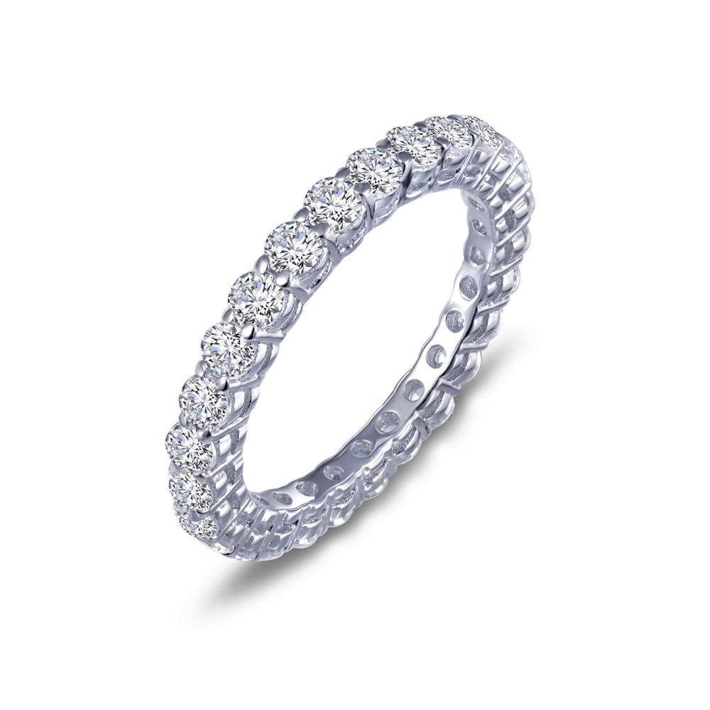The Lafonn 1.35 CTW Eternity Band is a silver ring encircled with a continuous row of small, round diamonds totaling 1.35 carats. The sophisticated prong setting beautifully highlights the glittering diamonds throughout the entire circumference of the band. Positioned at a slight angle against a white background, this elegant piece captures timeless beauty.