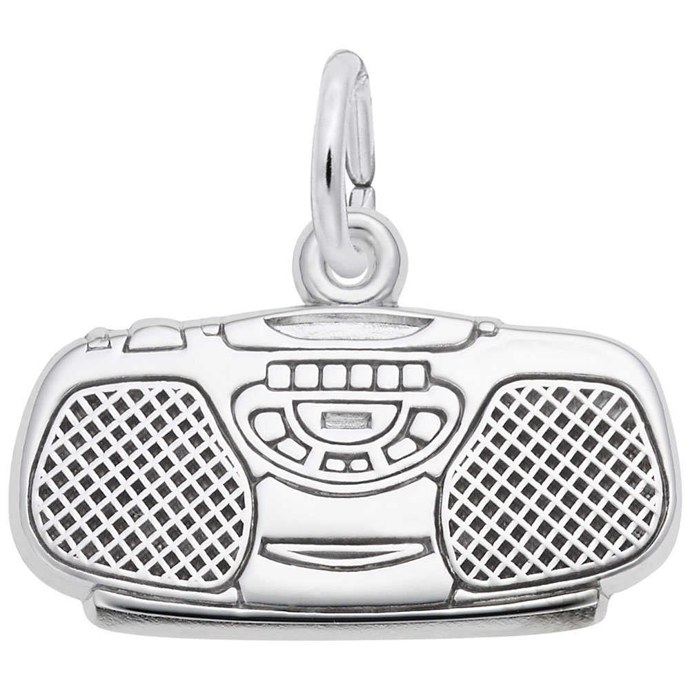 The Rembrandt Charms "Boom Box in Sterling Silver" charm is intricately detailed to resemble a boom box, featuring speaker grilles, buttons, and a handle. Ideal for music lovers, this charm comes with a small loop at the top for easy attachment to a bracelet or necklace.