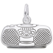 The Rembrandt Charms "Boom Box in Sterling Silver" charm is intricately detailed to resemble a boom box, featuring speaker grilles, buttons, and a handle. Ideal for music lovers, this charm comes with a small loop at the top for easy attachment to a bracelet or necklace.