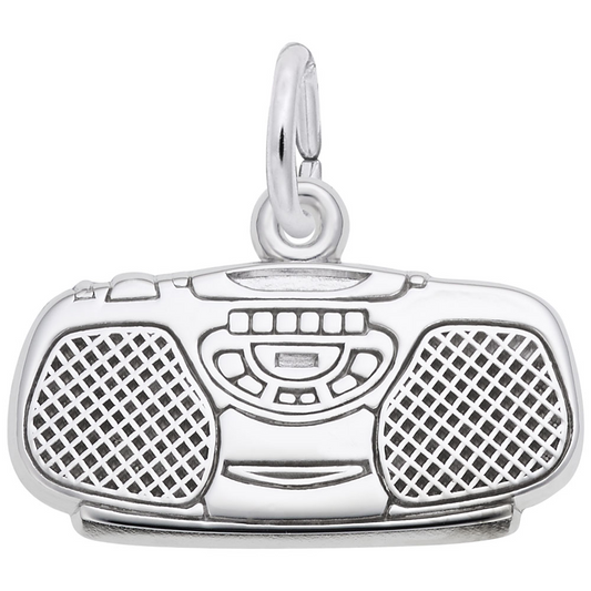 The Rembrandt Charms "Boom Box in Sterling Silver" charm is intricately detailed to resemble a boom box, featuring speaker grilles, buttons, and a handle. Ideal for music lovers, this charm comes with a small loop at the top for easy attachment to a bracelet or necklace.