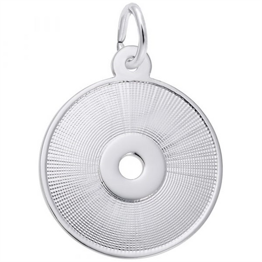 The Rembrandt Charms CD Charm in sterling silver features a round pendant with fine concentric textured lines, a central hole, and an attached loop for easy addition to a chain.