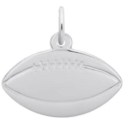 This Rembrandt Charms Flat Football Charm, made of sterling silver, is shaped like an American football with detailed stitches across the center to accurately mimic a real football. It includes a small, circular loop at the top for easy attachment to any chain or bracelet.