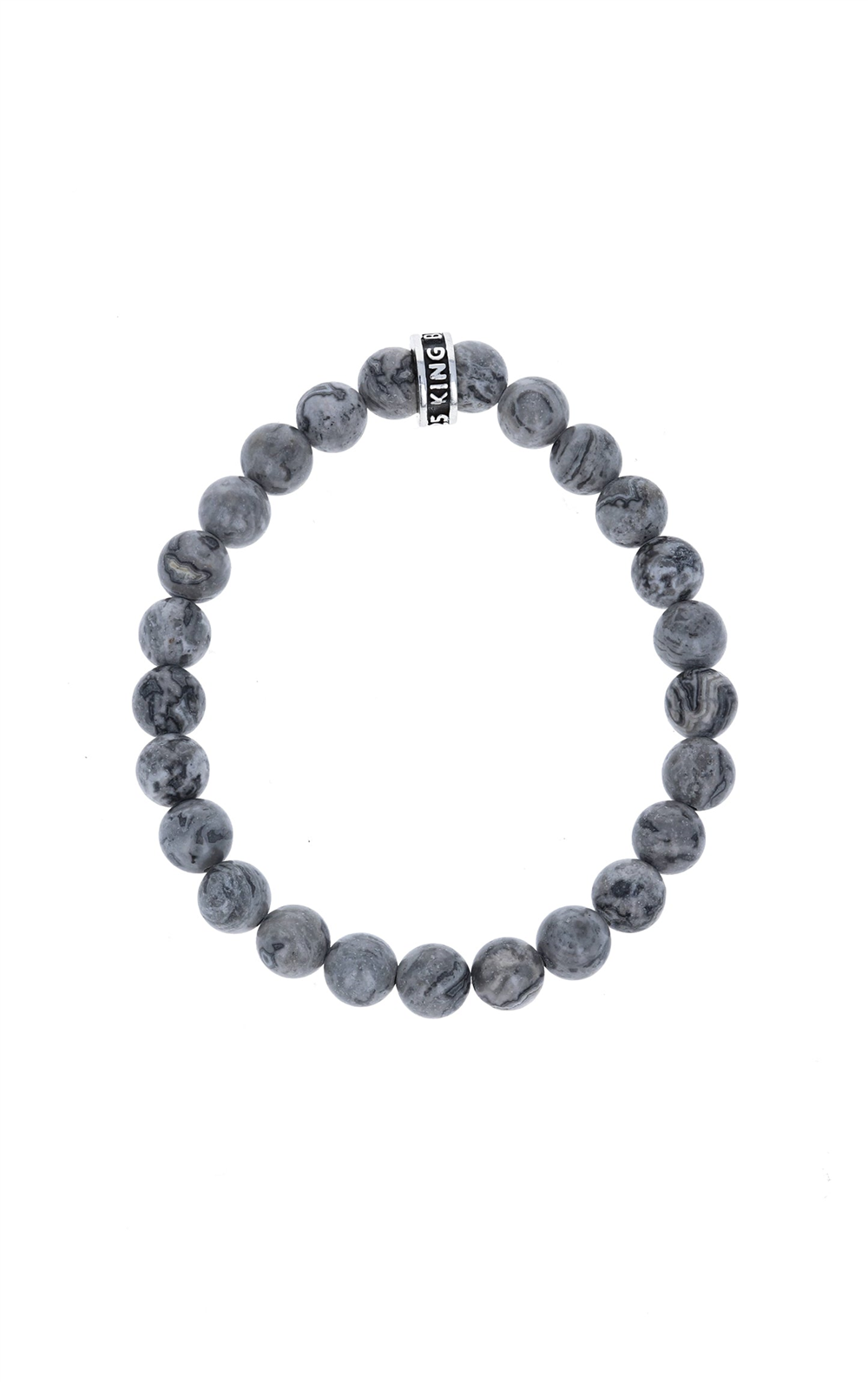 The King Baby bracelet features 8mm Picasso jasper beads in a gray, marbled finish with a silver "5KNG" logo ring at the center, arranged circularly against a white background.