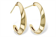 A dazzling pair of large half hoop 14k gold earrings by Allison Kaufman, featuring a slightly twisted, open-ended design with a smooth, reflective surface. These elegant earrings come with a post and back closure, set against a white background.