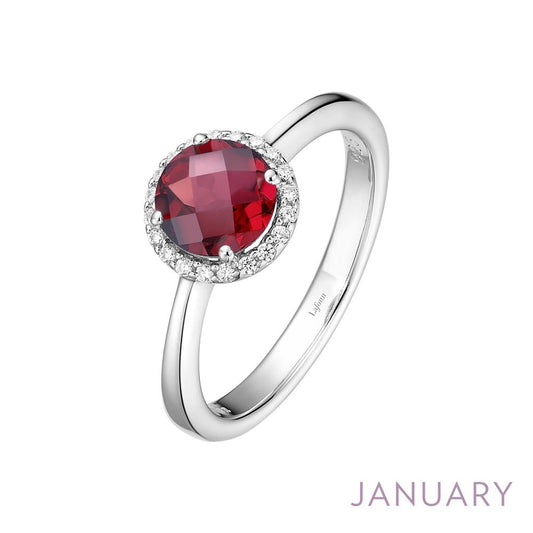 Introducing the Lafonn January Birthstone Ring: a silver ring showcasing a striking large, round red gemstone at its center, beautifully encircled by a halo of small clear stones. At the bottom right corner, the word "JANUARY" is elegantly inscribed in purple to highlight this stunning piece.