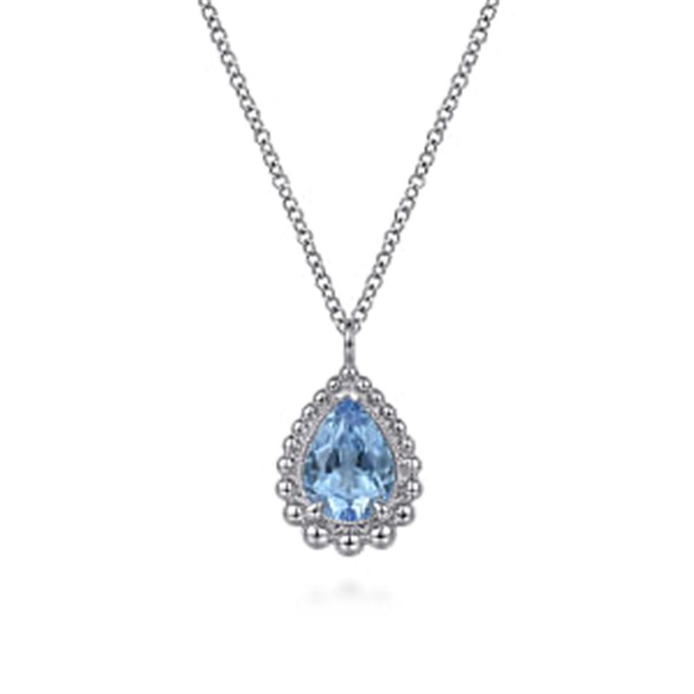 The Gabriel & Co 925 Sterling Silver Faceted Swiss Blue Topaz Pear Shape Bujukan Neck is a delicate necklace featuring a teardrop-shaped Swiss Blue Topaz pendant. The gemstone is surrounded by a detailed silver border of 925 Sterling Silver, hanging from a fine, interlinked chain. As part of the Bujukan Collection, the overall design is elegant and refined.
