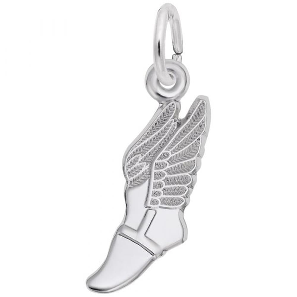 Introducing the Winged Shoe Charm in sterling silver from Rembrandt Charms, featuring a beautifully crafted foot with an elegant angelic wing extending from its heel. The wing showcases intricate feather details, and the charm includes a loop at the top for easy attachment to a chain or bracelet. This piece is perfect for any collection.