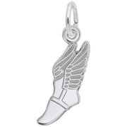 Introducing the Winged Shoe Charm in sterling silver from Rembrandt Charms, featuring a beautifully crafted foot with an elegant angelic wing extending from its heel. The wing showcases intricate feather details, and the charm includes a loop at the top for easy attachment to a chain or bracelet. This piece is perfect for any collection.