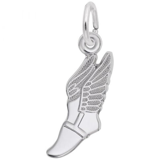 Introducing the Winged Shoe Charm in sterling silver from Rembrandt Charms, featuring a beautifully crafted foot with an elegant angelic wing extending from its heel. The wing showcases intricate feather details, and the charm includes a loop at the top for easy attachment to a chain or bracelet. This piece is perfect for any collection.