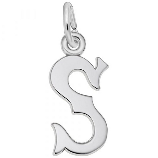 The Blackletter Font Initial "S" Charm by Rembrandt Charms is crafted from polished sterling silver and features a small loop at the top for attaching to a necklace or bracelet. This elegant design boasts smooth curves, a sleek finish, and a luxurious feel.