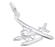 The Rembrandt Charms Seaplane Charm in Sterling Silver features detailed wings, pontoons, and a loop at the top, making it perfect for attaching to a bracelet or necklace.