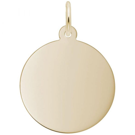 This DISC Gold Plated Sterling Silver Charm by Rembrandt Charms is a plain, round gold-colored pendant that resembles a polished gold plate, complete with a small loop at the top for attaching to a necklace or bracelet. This smooth charm features an unembellished surface, free of engravings or designs.