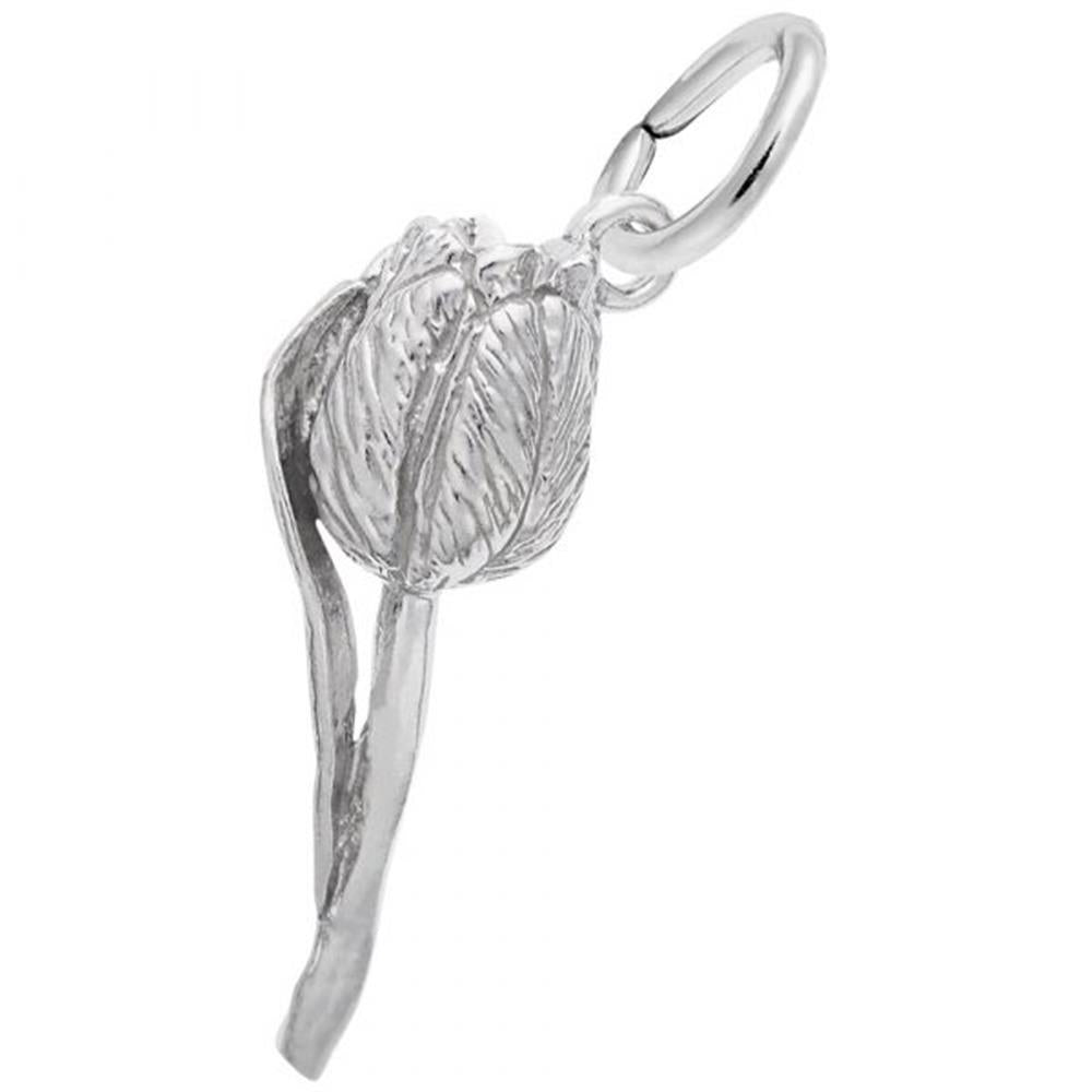 The Rembrandt Charms Tulip Charm in sterling silver boasts an intricate design with a loop at the top for easy attachment to necklaces or bracelets. This elegant charm beautifully depicts a tulip bud, complete with two elongated leaves extending downward, capturing a delicate and sophisticated appearance.