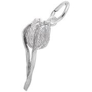 The Rembrandt Charms Tulip Charm in sterling silver boasts an intricate design with a loop at the top for easy attachment to necklaces or bracelets. This elegant charm beautifully depicts a tulip bud, complete with two elongated leaves extending downward, capturing a delicate and sophisticated appearance.