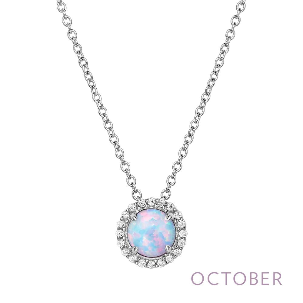 The Lafonn October Birthstone Necklace features a silver chain with a round opal pendant, encircled by small clear stones that symbolize the October birthstone. It is displayed against a white background, with the word "October" elegantly written in light purple letters at the bottom right.