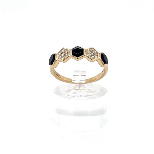 The Kabana 14K Ring w Onyx and Diamond Honeycomb Band Size 7.5 features alternating hexagonal onyx stones and clusters of diamonds, shown upright on a clear circular stand against a plain white background.