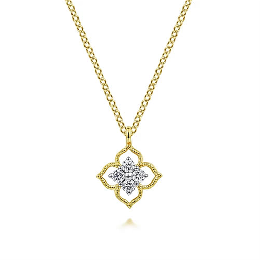 The Gabriel & Co 14K Yellow Gold Floral Diamond Pendant Necklace features a chain adorned with a pendant that boasts an intricate lace-like design. At its center, a cluster of sparkling diamonds forms the shape of a flower. This exquisite piece from our Floral Collection is shown against a pristine white background.