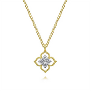The Gabriel & Co 14K Yellow Gold Floral Diamond Pendant Necklace features a chain adorned with a pendant that boasts an intricate lace-like design. At its center, a cluster of sparkling diamonds forms the shape of a flower. This exquisite piece from our Floral Collection is shown against a pristine white background.