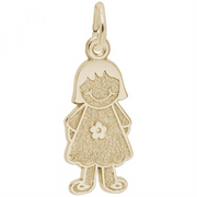 Introducing the Girl with Flower Dress Charm—Gold Plated by Rembrandt Charms, featuring a charming cartoon girl with short hair, a smiling face, and a dress adorned with a delicate flower at the center. This delightful charm makes an ideal family keepsake jewelry piece, perfect for celebrating cherished moments and loved ones in style.