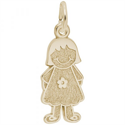 Introducing the Girl with Flower Dress Charm—Gold Plated by Rembrandt Charms, featuring a charming cartoon girl with short hair, a smiling face, and a dress adorned with a delicate flower at the center. This delightful charm makes an ideal family keepsake jewelry piece, perfect for celebrating cherished moments and loved ones in style.