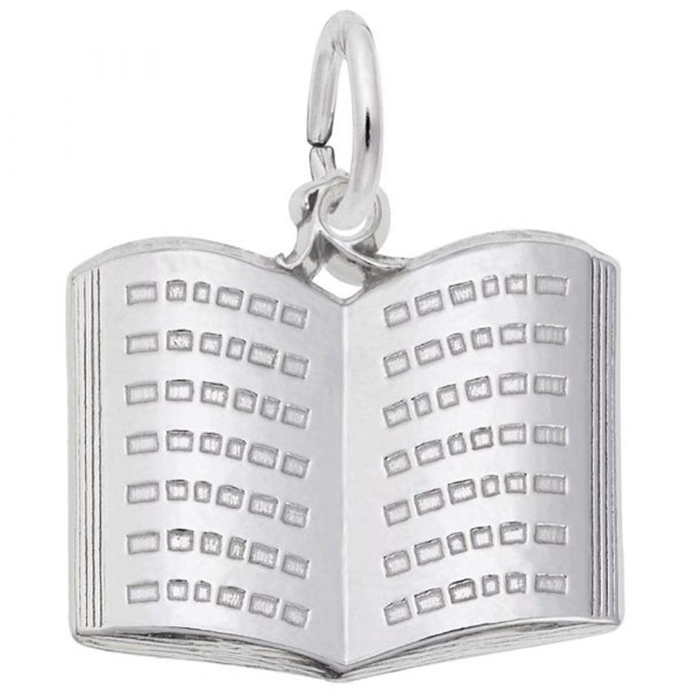 A Book Charm / Sterling Silver shaped like an open book. This Rembrandt Charms product features fine detailing on the pages to represent text. It has a small loop at the top, attaching it to a jump ring for wearing on a necklace or bracelet.