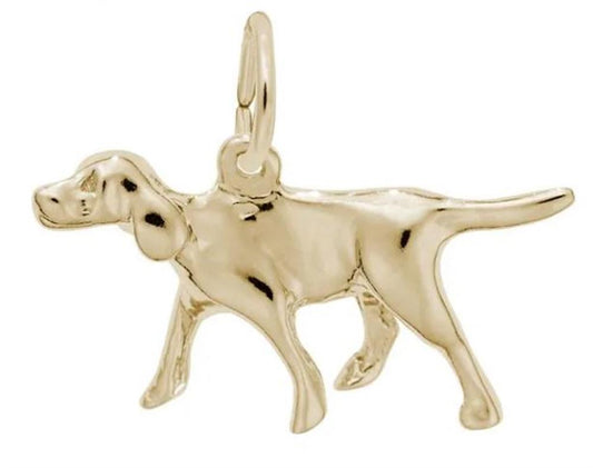Introducing the Rembrandt Charms "Retriever - German Shorthaired Pointer Dog Charm," meticulously crafted from gold-plated sterling silver. This beautifully detailed charm captures the dog standing with all four legs on the ground and its tail slightly raised, resulting in an elegant addition to your jewelry collection. Featuring a smooth finish and a convenient loop at the top, this charming piece is perfect for attaching to your favorite chain or bracelet.