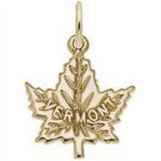 The Rembrandt Charms Vermont Maple Leaf Charm in gold-plated sterling silver features a finely detailed leaf design with veins and the word "Vermont" engraved across the middle, making it perfect for attaching to a chain with its small loop at the top.