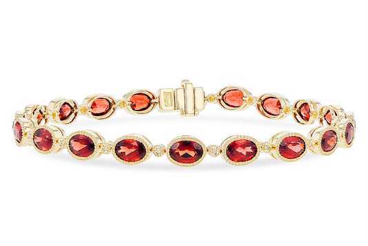 The Allison Kaufman Garnet and Diamond 14k Yellow Gold Bracelet features oval-shaped red garnets elegantly set in gold bezels, accented with small diamonds. It has a clasp closure that secures the sparkling, faceted gemstones beautifully.