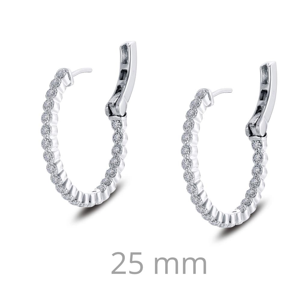 A pair of Diamond Hoop Earrings from Lafonn, crafted in sterling silver bonded with platinum, featuring intricate detailing and a textured edge, displayed on a white background. Beneath the earrings, the text "25 mm" indicates their size.
