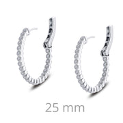A pair of Diamond Hoop Earrings from Lafonn, crafted in sterling silver bonded with platinum, featuring intricate detailing and a textured edge, displayed on a white background. Beneath the earrings, the text "25 mm" indicates their size.