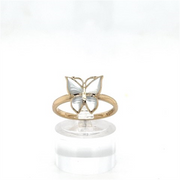 The Kabana 14K Ring w MOP inlay Butterfly Size 7.5 features a delicate butterfly design with translucent MOP inlay wings, shown upright on a clear stand against a white background.
