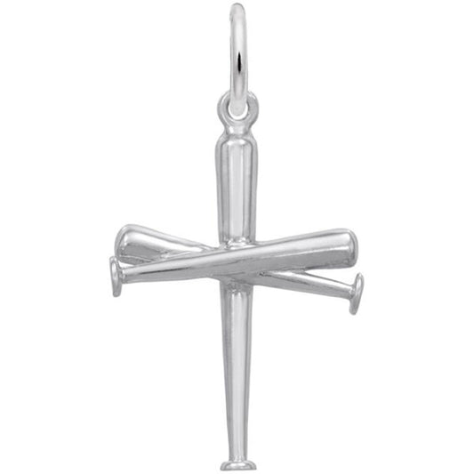 The image shows the Sterling Silver Baseball Bat Cross Charm from Rembrandt Charms. The charm is crafted in sterling silver and features a cross made from baseball bats. It measures 0.66 inches by 1 inch (16.7 mm x 25.38 mm) and has the style number 1891. This charm is a perfect keepsake for athletes and sports enthusiasts, symbolizing the intersection of faith and baseball.