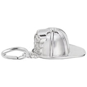 The Firefighter Helmet Charm by Rembrandt Charms is a sterling silver keychain in the shape of a fireman's helmet. It features detailed textures, including its crest and panels, and is attached to a circular keyring, making it a charming accessory.