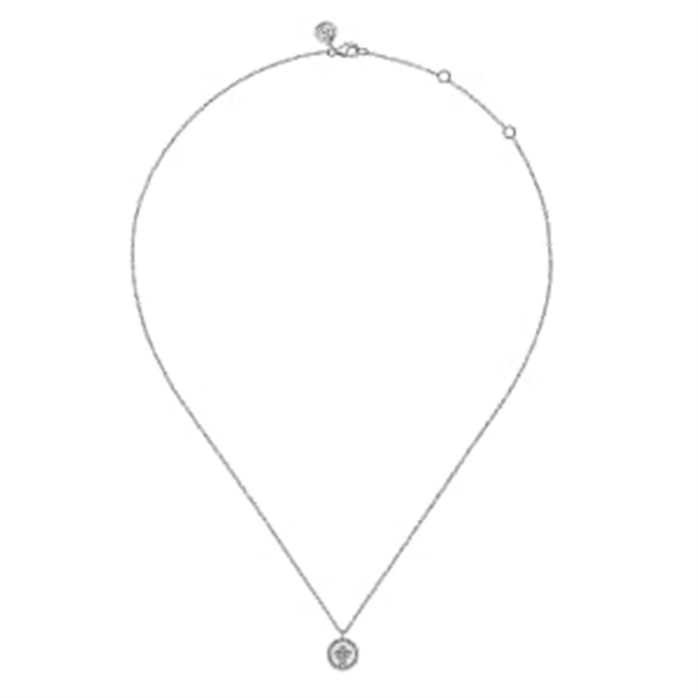 A minimalist necklace from Gabriel & Co's Bujukan Collection, the 925 Sterling Silver Bujukan Diamond Cross Pendant Necklace features a thin sterling silver chain and a small, elegant cross pendant at its center. The pendant highlights a subtle design with delicate diamond accents, while the chain is fitted with a small clasp for secure fastening. This exquisite piece is showcased against a plain white background.