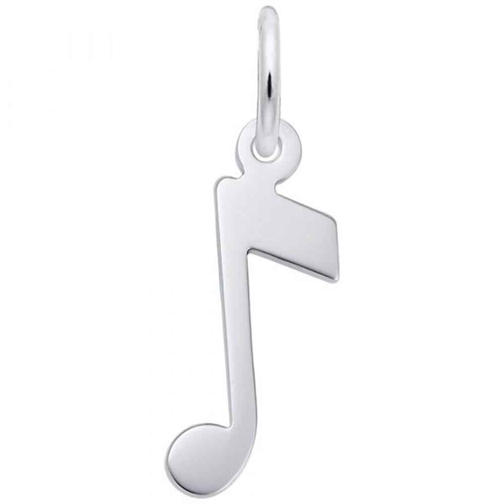 The Rembrandt Charms Music Note Charm in sterling silver features a single eighth note design with a small loop at the top for attaching to a chain or bracelet. Polished and reflective, it offers a sleek and elegant appearance reminiscent of Rembrandt Charms' craftsmanship.
