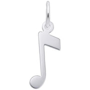 The Rembrandt Charms Music Note Charm in sterling silver features a single eighth note design with a small loop at the top for attaching to a chain or bracelet. Polished and reflective, it offers a sleek and elegant appearance reminiscent of Rembrandt Charms' craftsmanship.