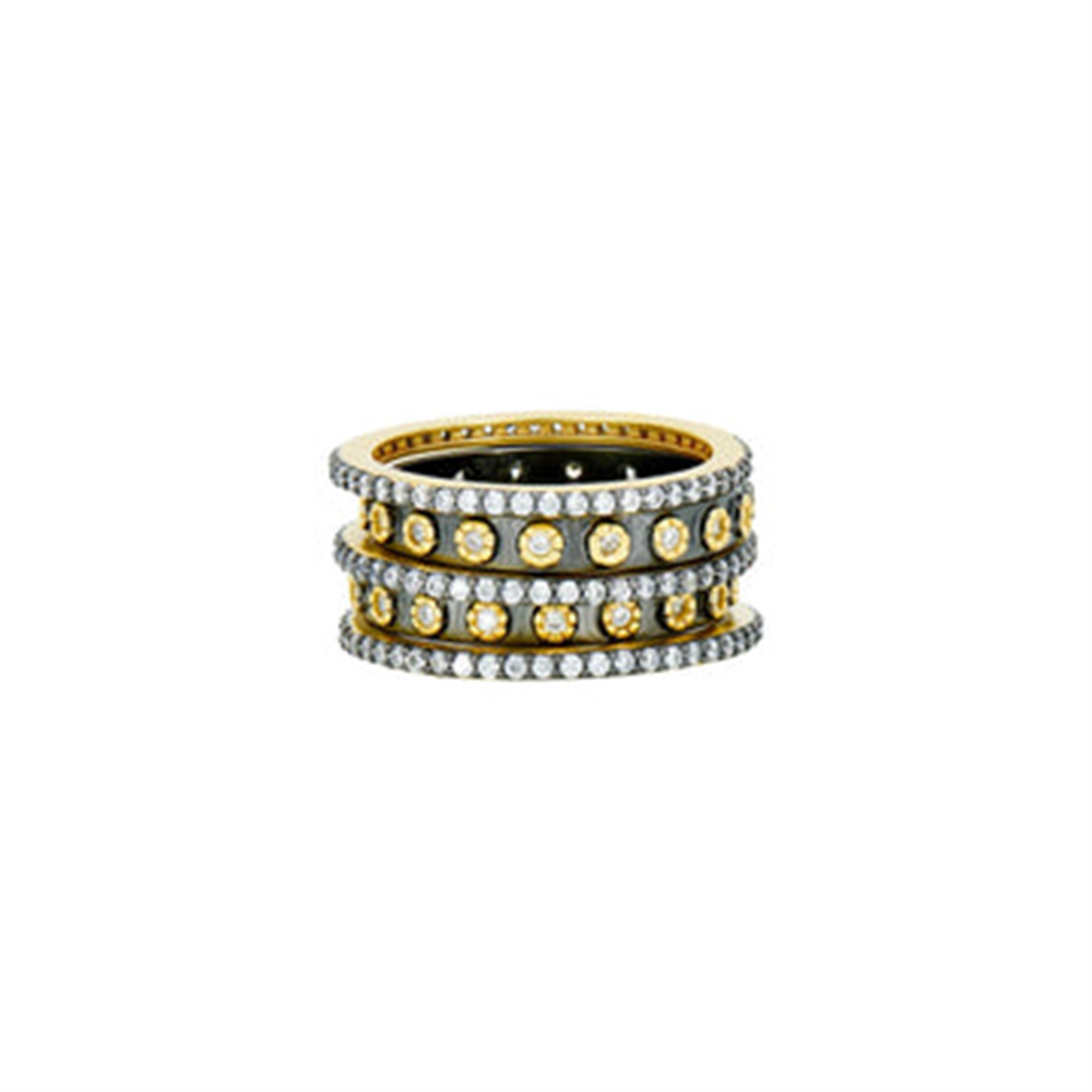 The Freida Rothman YRZR090218B-7 Two Tone 5 Stack Ring features five stacked bands with rows of small round diamonds along the edges and larger diamonds spaced at the center, displayed against a plain white background.