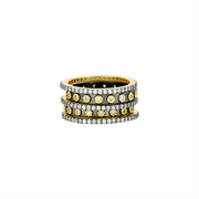 The Freida Rothman YRZR090218B-7 Two Tone 5 Stack Ring features five stacked bands with rows of small round diamonds along the edges and larger diamonds spaced at the center, displayed against a plain white background.