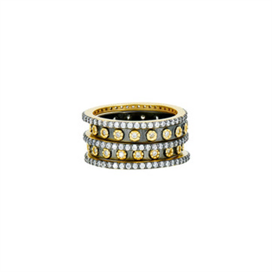The Freida Rothman YRZR090218B-7 Two Tone 5 Stack Ring features five stacked bands with rows of small round diamonds along the edges and larger diamonds spaced at the center, displayed against a plain white background.