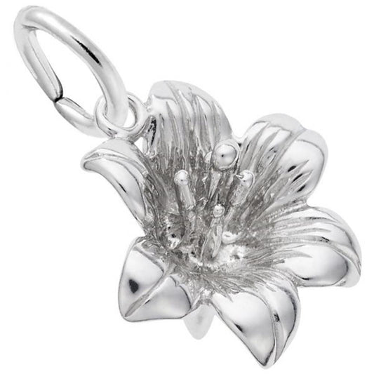 An up-close photograph of the Rembrandt Charms Lily Charm in sterling silver, showcasing the intricate detailing of petals, stamens, and pistils. This elegant pendant has a hoop at the top for attaching to a chain or bracelet. The smooth, polished surface gives this refined lily charm a shiny appearance.