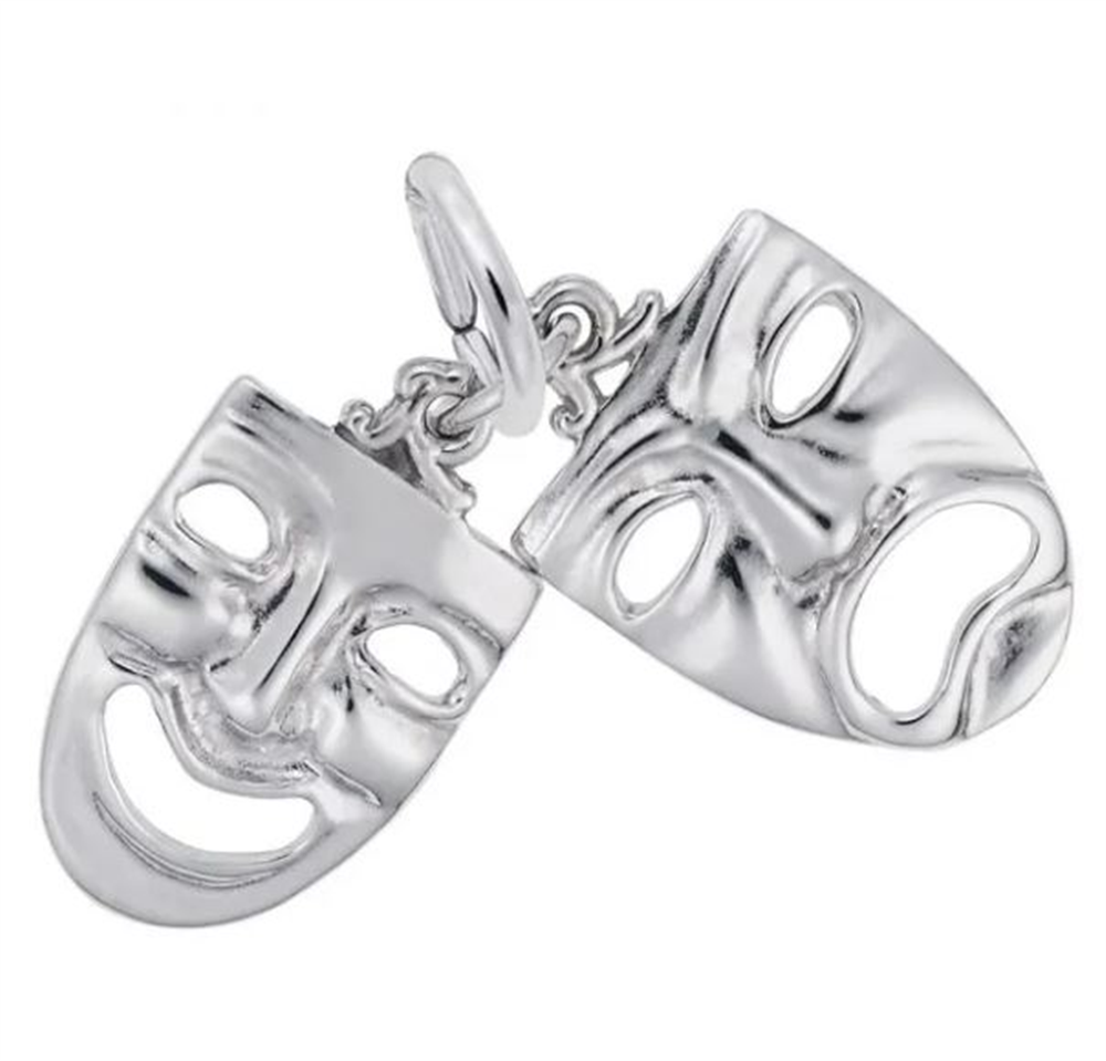 The Theatre Masks Charm in Sterling Silver by Rembrandt Charms features two linked theater masks; one with a joyful expression and the other with a sad face, symbolizing the duality of comedy and tragedy in performing arts.