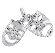 The Theatre Masks Charm in Sterling Silver by Rembrandt Charms features two linked theater masks; one with a joyful expression and the other with a sad face, symbolizing the duality of comedy and tragedy in performing arts.