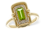 The Allison Kaufman LDS RG .72 Peridot Ring features an 8x4mm rectangular green gemstone and sparkling accents in an ornate gold split shank design—ideal for gemstone jewelry enthusiasts.