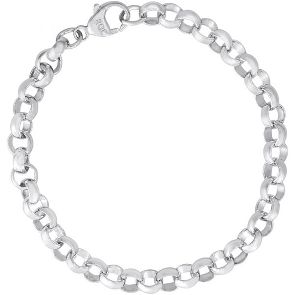 A close-up image showcases the Rolo Link Classic Bracelet - SS by Rembrandt Charms, featuring round, interlocking links. The bracelet is elegantly displayed in a circular shape against a pristine white background.