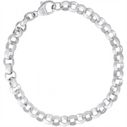 A close-up image showcases the Rolo Link Classic Bracelet - SS by Rembrandt Charms, featuring round, interlocking links. The bracelet is elegantly displayed in a circular shape against a pristine white background.