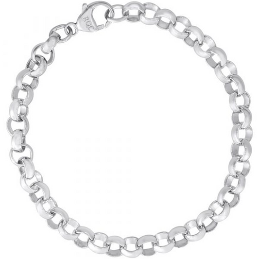 A close-up image showcases the Rolo Link Classic Bracelet - SS by Rembrandt Charms, featuring round, interlocking links. The bracelet is elegantly displayed in a circular shape against a pristine white background.