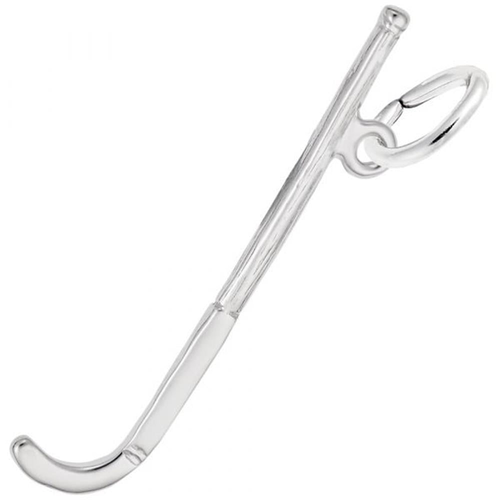 The Field Hockey Charm by Rembrandt Charms is a sterling silver-colored, elongated object resembling an old-fashioned hook cane with a round loop attached near the top. It features a slightly curved handle and a smooth finish, exuding charm in its design.