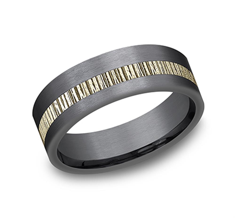 Introducing the Linear Hatching Two Tone Band from Benchmark Rings / Amarra Stone: a sophisticated black titanium ring featuring a striking middle band with a textured 14K yellow gold pattern. With its matte finish and modern, elegant design, this ring is the epitome of sleek style.